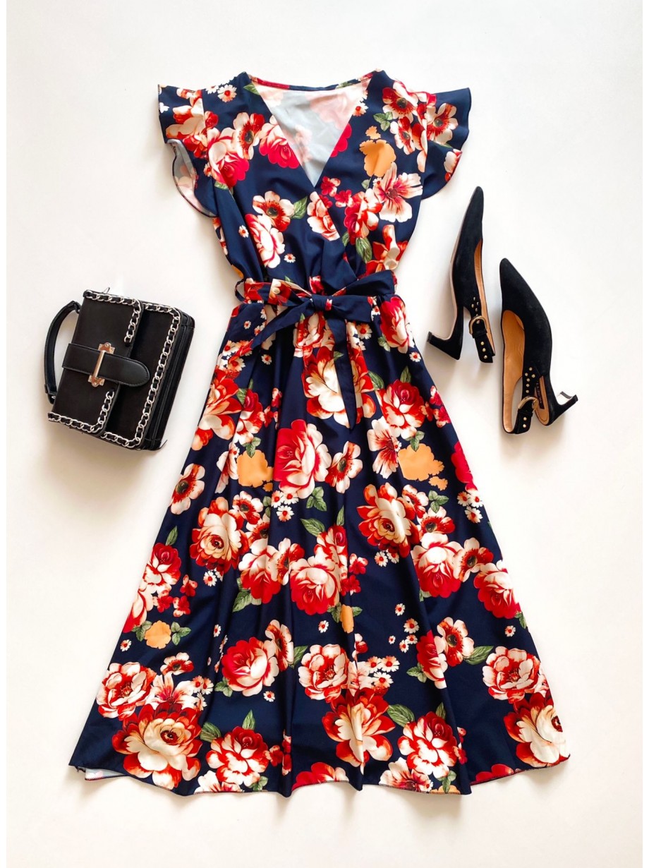 Rochie de zi midi neagra cu flori si volanase la manecute