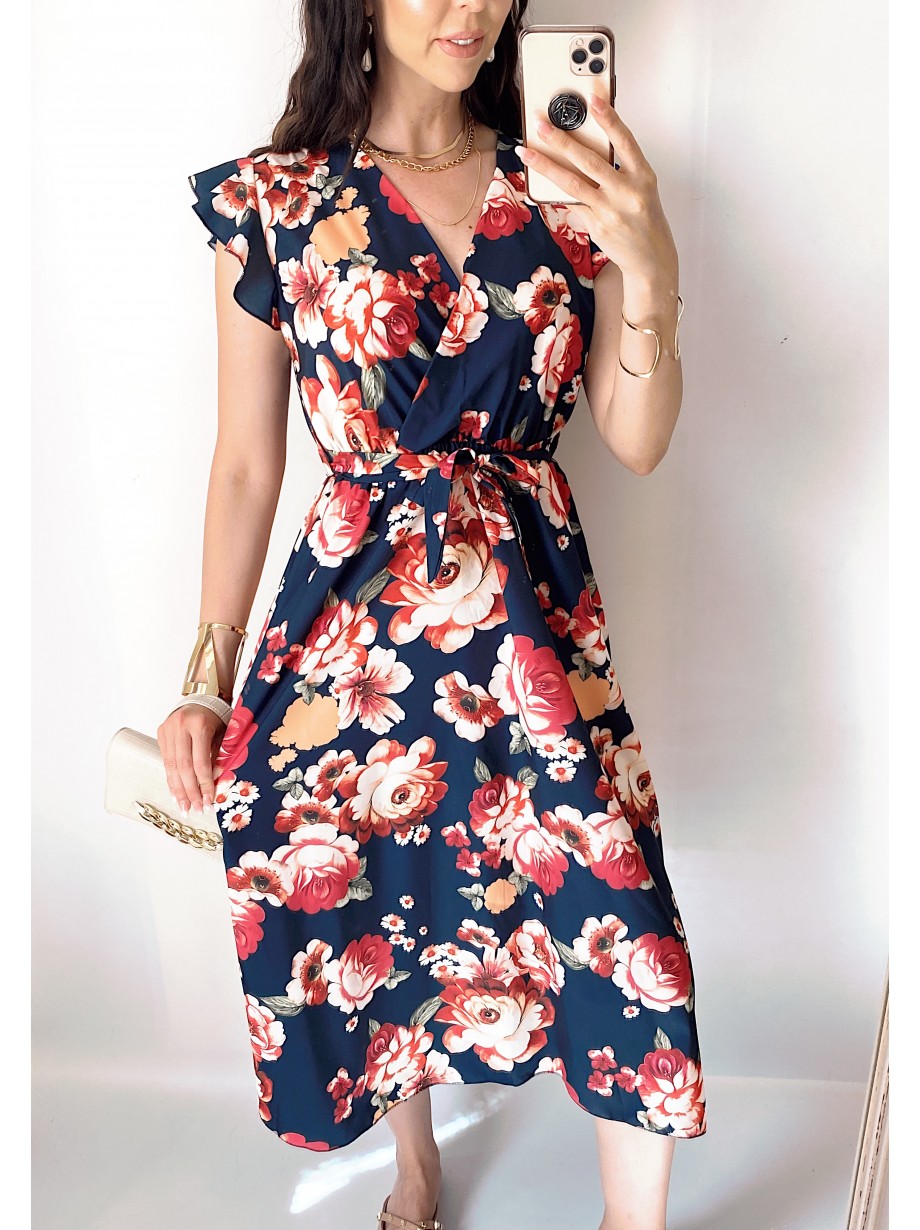 Rochie de zi midi neagra cu flori si volanase la manecute