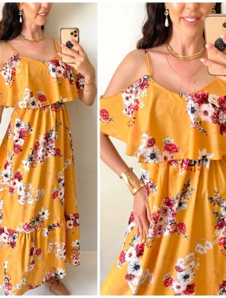 Rochie midi casual ieftina galben mustar cu imprimeu floral si maneci cazute pe umeri