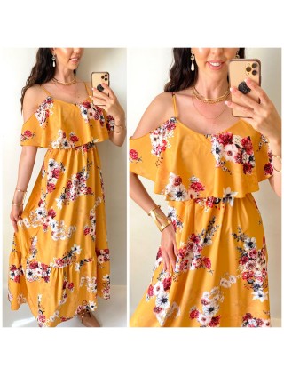 Rochie midi casual ieftina galben mustar cu imprimeu floral si maneci cazute pe umeri