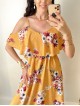 Rochie midi casual ieftina galben mustar cu imprimeu floral si maneci cazute pe umeri