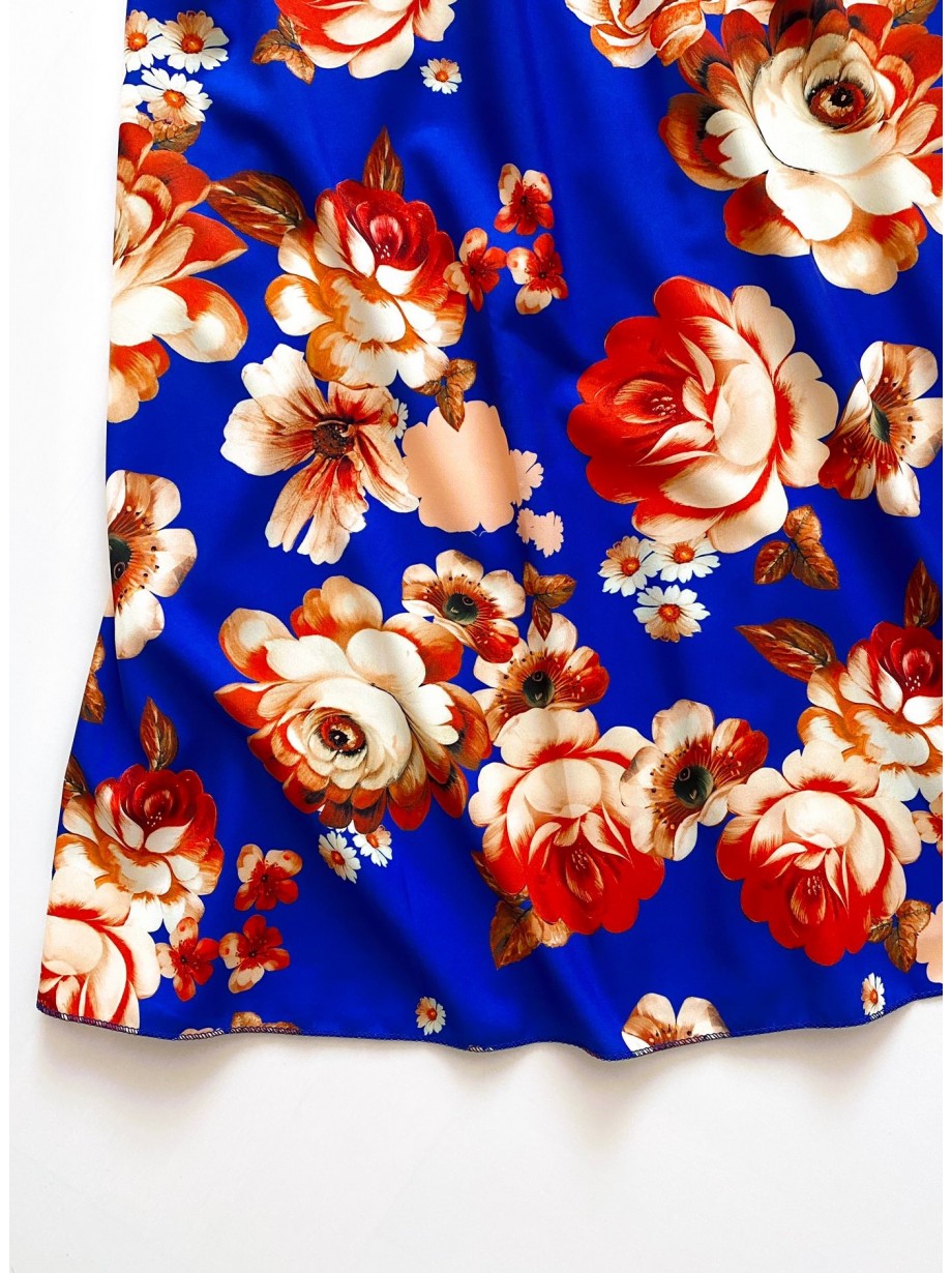 Rochie de zi midi albastra cu flori si volanase la manecute