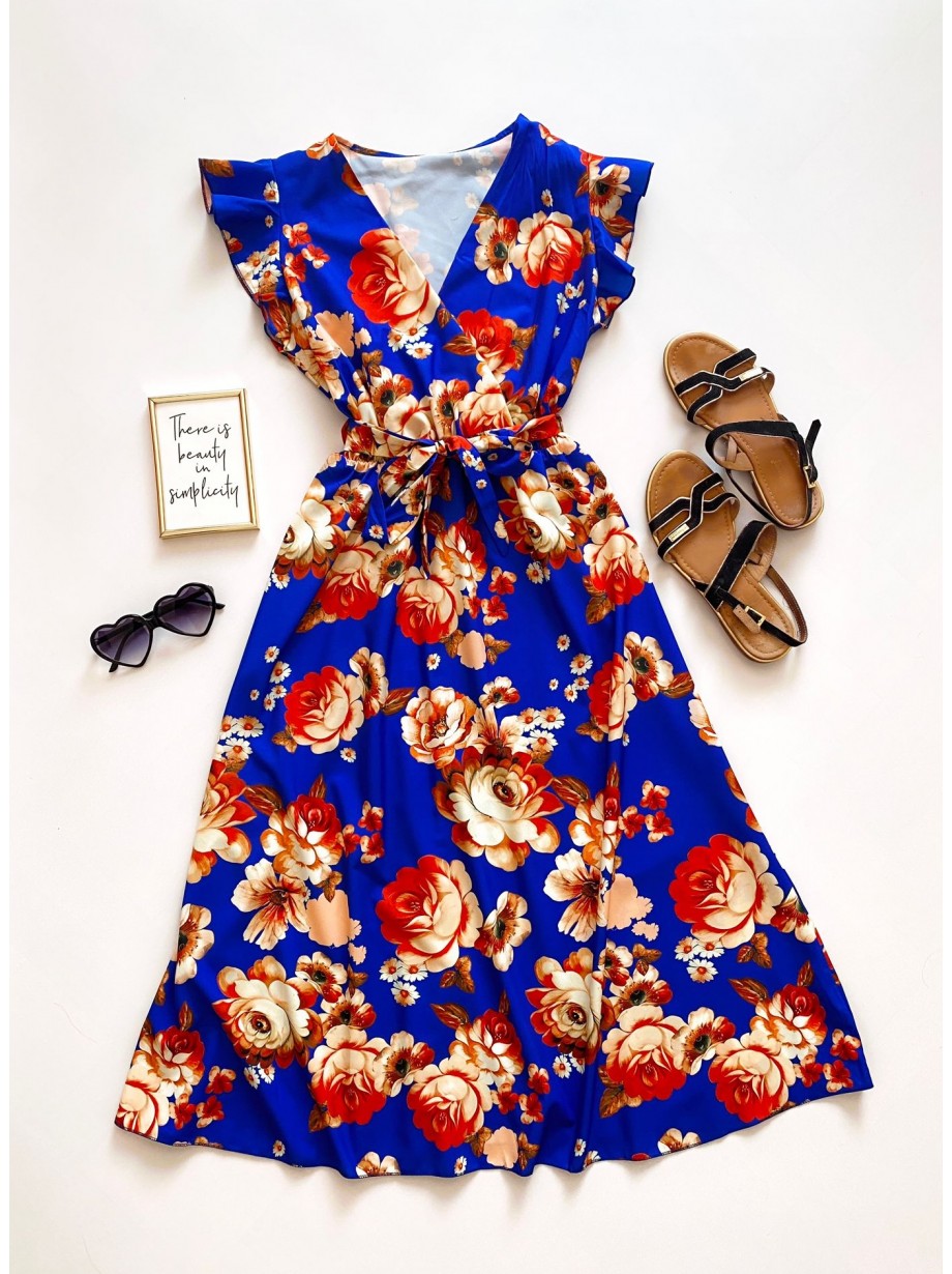 Rochie de zi midi albastra cu flori si volanase la manecute