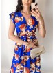 Rochie de zi midi albastra cu flori si volanase la manecute