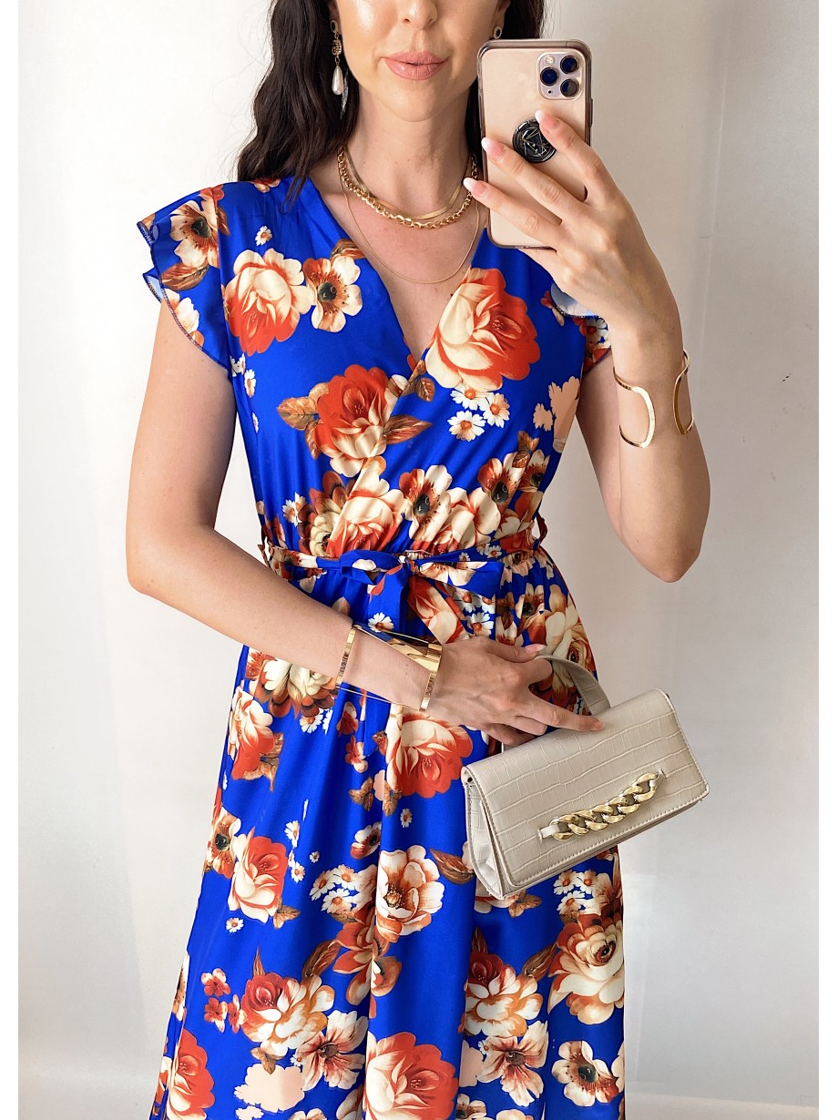 Rochie de zi midi albastra cu flori si volanase la manecute