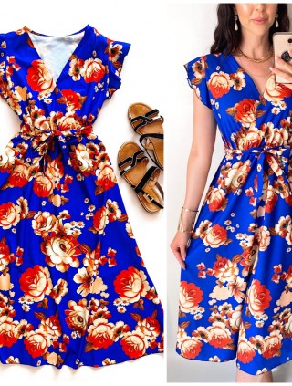 Rochie de zi midi albastra cu flori si volanase la manecute