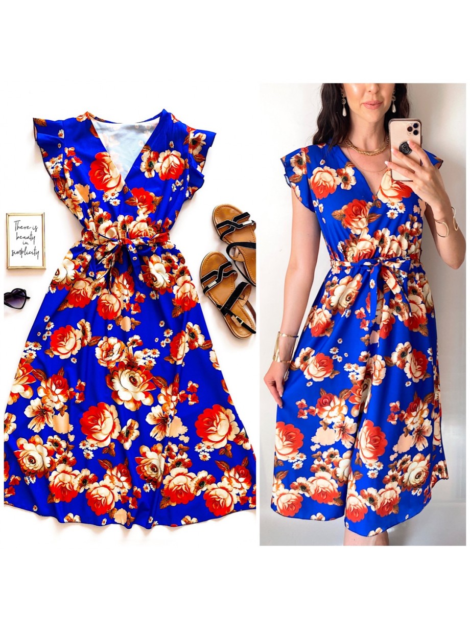 Rochie de zi midi albastra cu flori si volanase la manecute