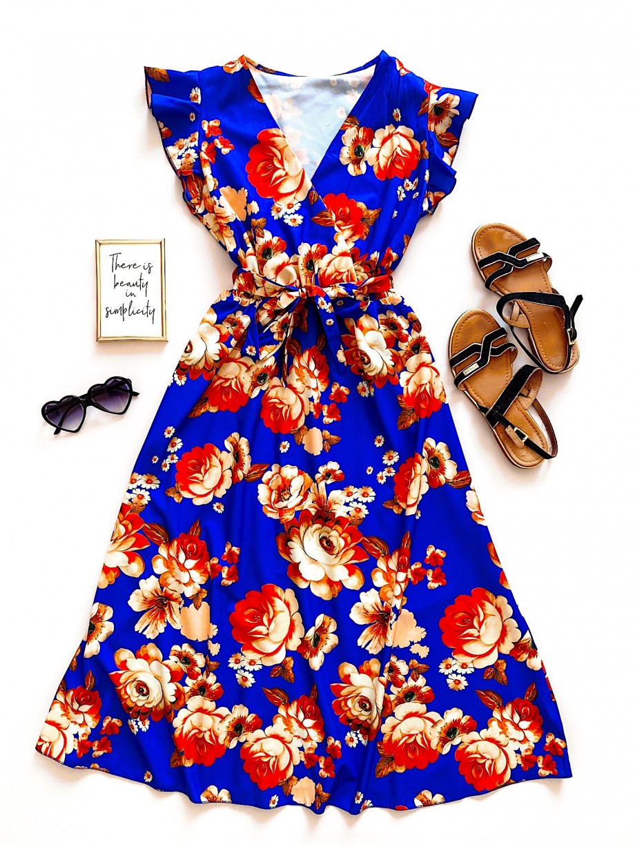 Rochie de zi midi albastra cu flori si volanase la manecute