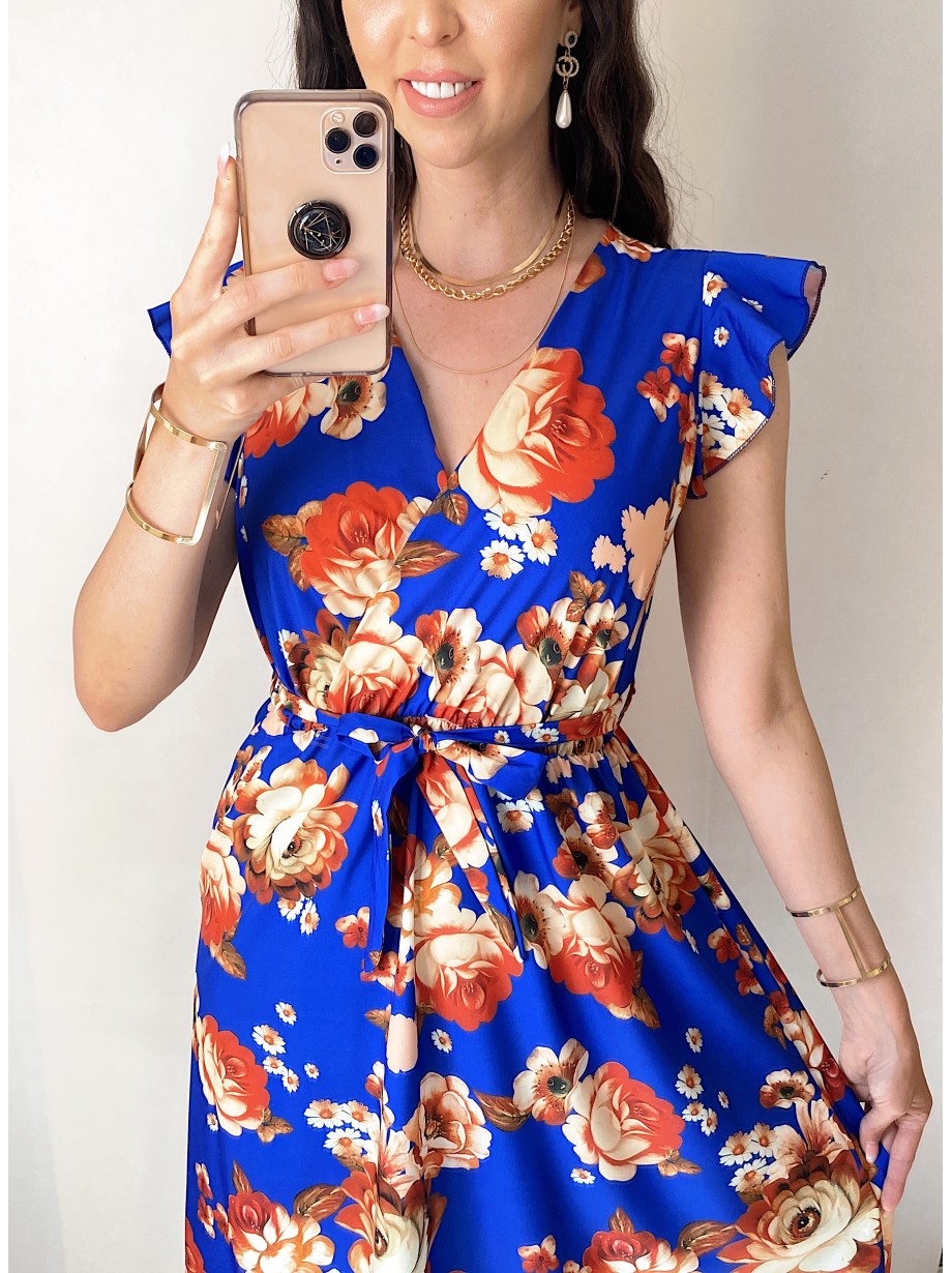 Rochie de zi midi albastra cu flori si volanase la manecute