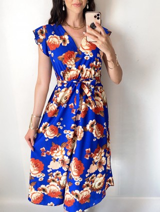 Rochie de zi midi albastra cu flori si volanase la manecute