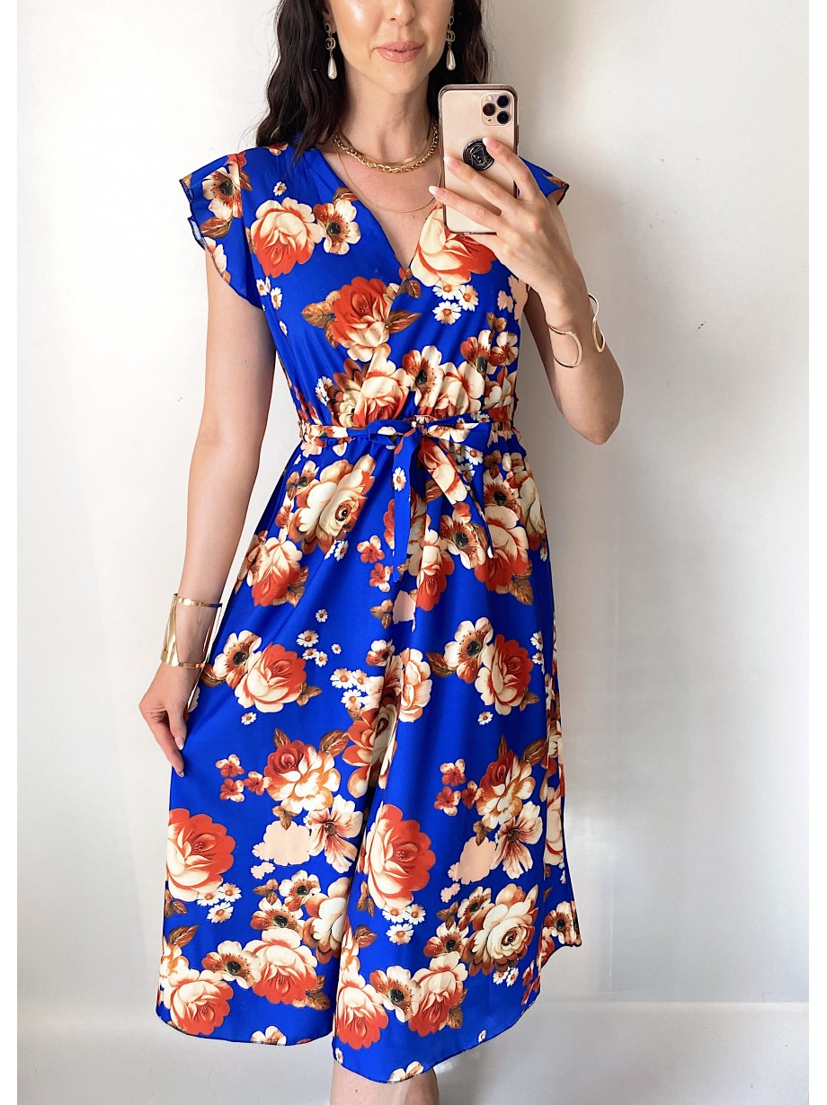 Rochie de zi midi albastra cu flori si volanase la manecute