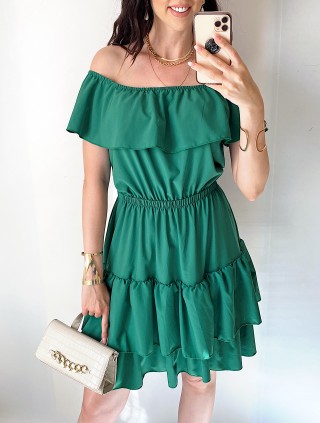 Rochie de zi scurta verde cu volanase pe umeri