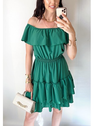 Rochie de zi scurta verde cu volanase pe umeri