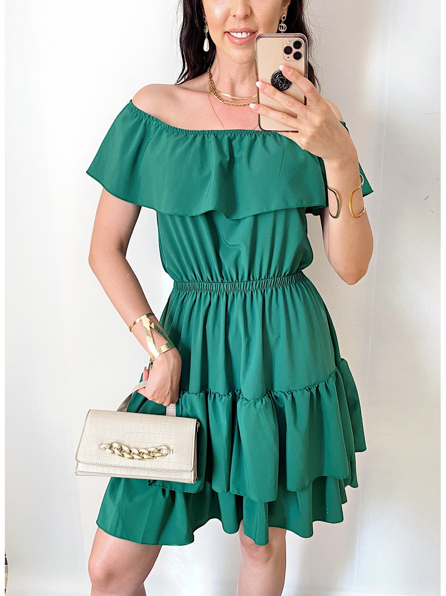 Rochie de zi scurta verde cu volanase pe umeri