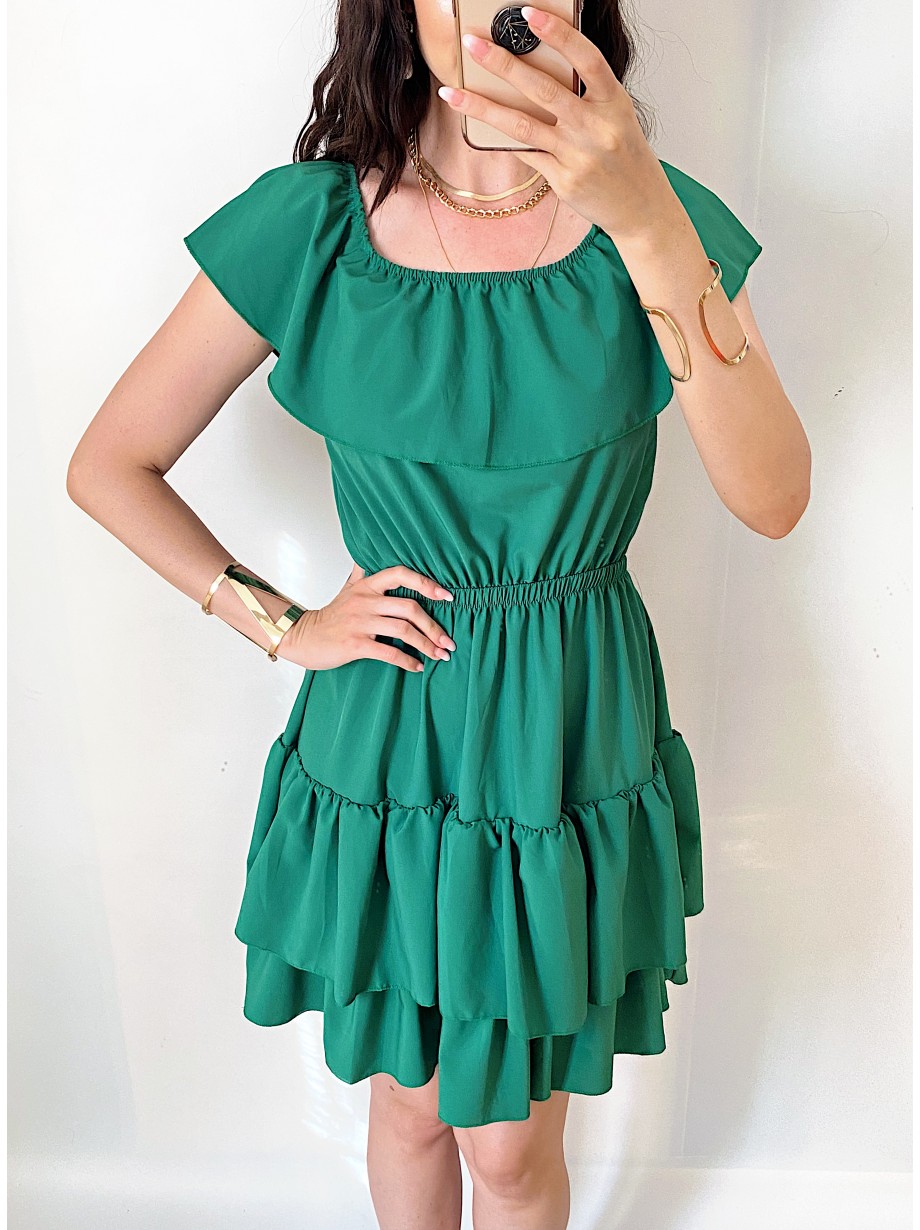 Rochie de zi scurta verde cu volanase pe umeri