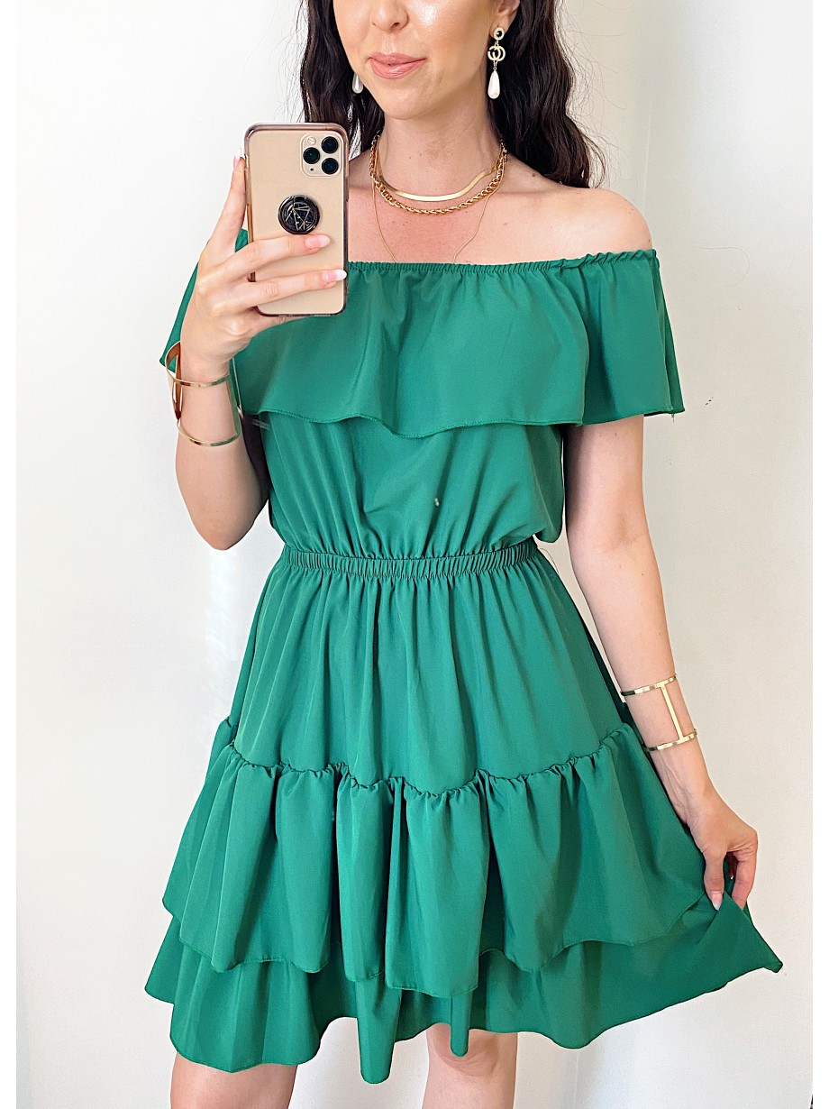 Rochie de zi scurta verde cu volanase pe umeri