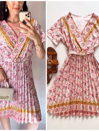 Rochie casual ieftina crem cu imprimeu floral, maneca scurta si model indian la decolteu