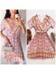 Rochie casual ieftina crem cu imprimeu floral, maneca scurta si model indian la decolteu