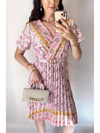 Rochie casual ieftina crem cu imprimeu floral, maneca scurta si model indian la decolteu