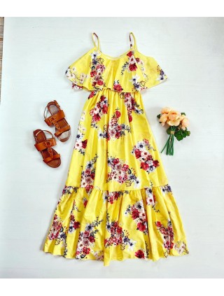 Rochie midi casual ieftina galben cu imprimeu floral si maneci cazute pe umeri