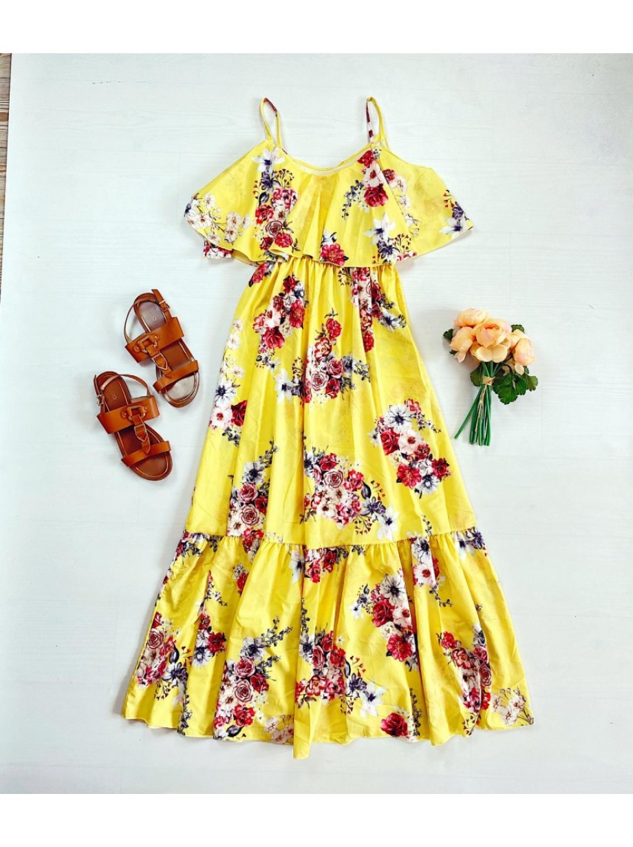Rochie midi casual ieftina galben cu imprimeu floral si maneci cazute pe umeri