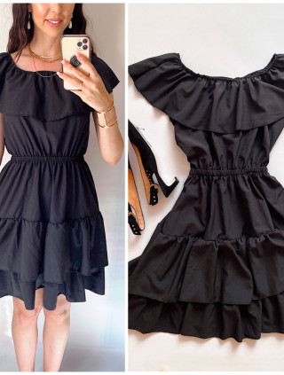 Rochie de zi scurta neagra cu volanase pe umeri
