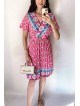 Rochie casual ieftina roz cu imprimeu floral, maneca scurta si model indian la decolteu