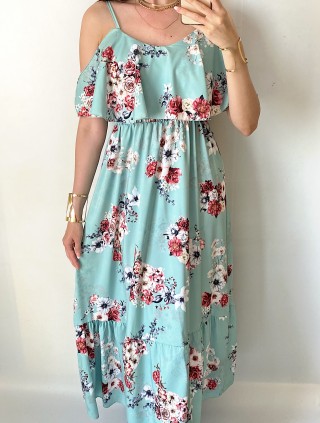 Rochie midi casual ieftina verde cu imprimeu floral si maneci cazute pe umeri