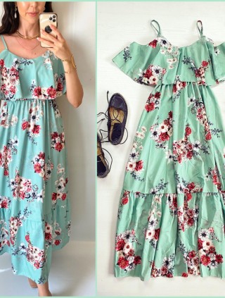 Rochie midi casual ieftina verde cu imprimeu floral si maneci cazute pe umeri