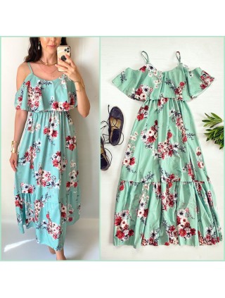 Rochie midi casual ieftina verde cu imprimeu floral si maneci cazute pe umeri