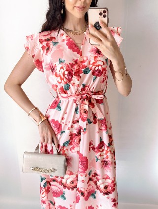 Rochie de zi midi roz cu flori si volanase la manecute