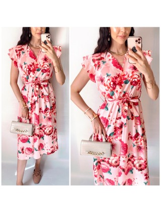 Rochie de zi midi roz cu flori si volanase la manecute