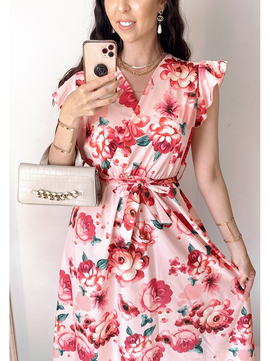 Rochie de zi midi roz cu flori si volanase la manecute