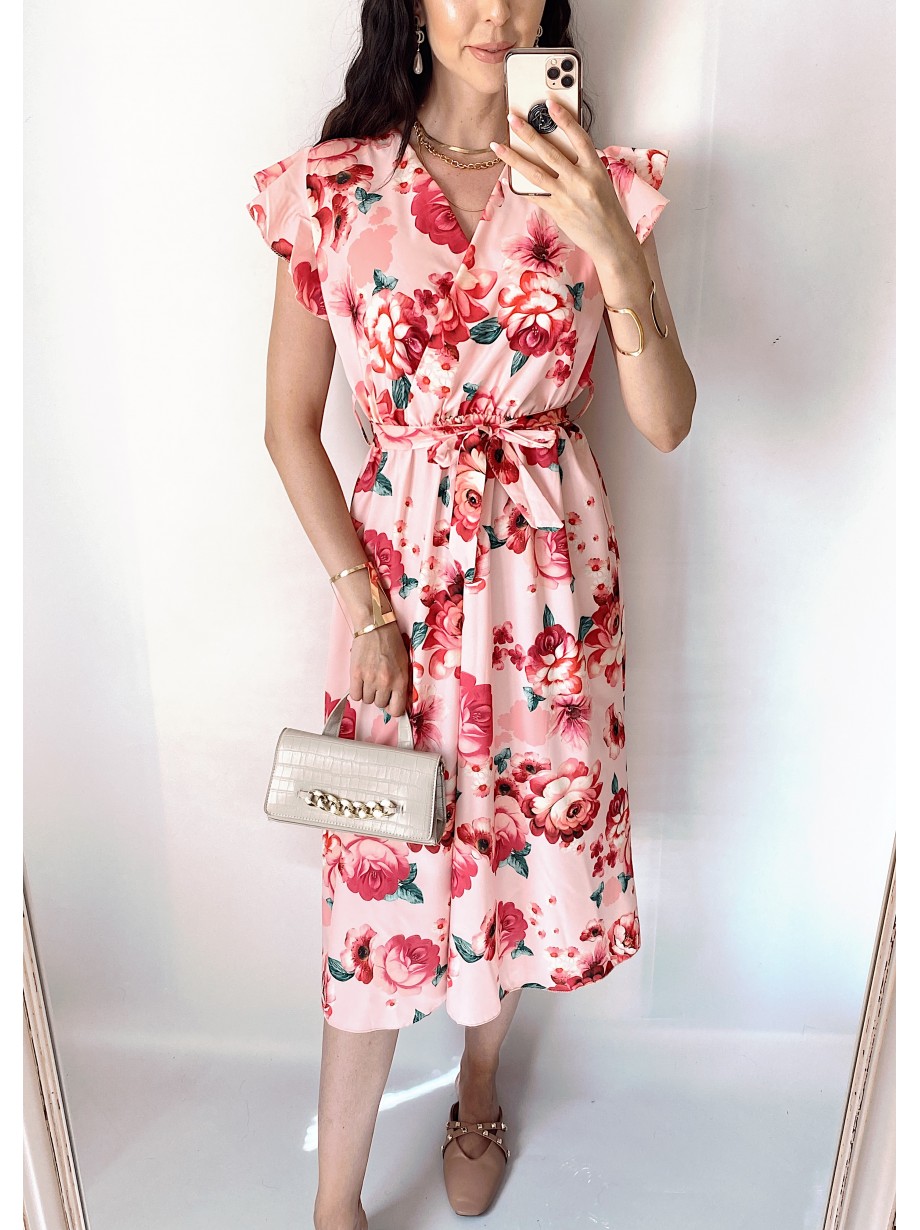 Rochie de zi midi roz cu flori si volanase la manecute
