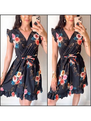 Rochie de zi scurta neagra cu flori si volanase la manecute