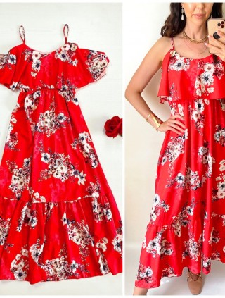 Rochie midi casual ieftina rosie  cu imprimeu floral si maneci cazute pe umeri