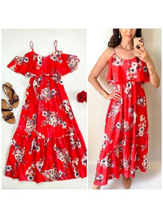 Rochie midi casual ieftina rosie  cu imprimeu floral si maneci cazute pe umeri