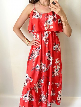 Rochie midi casual ieftina rosie  cu imprimeu floral si maneci cazute pe umeri