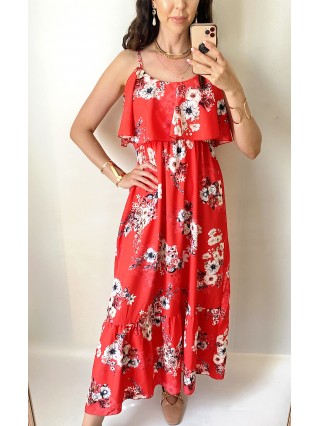 Rochie midi casual ieftina rosie  cu imprimeu floral si maneci cazute pe umeri
