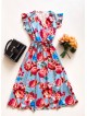Rochie de zi midi bleo cu flori si volanase la manecute