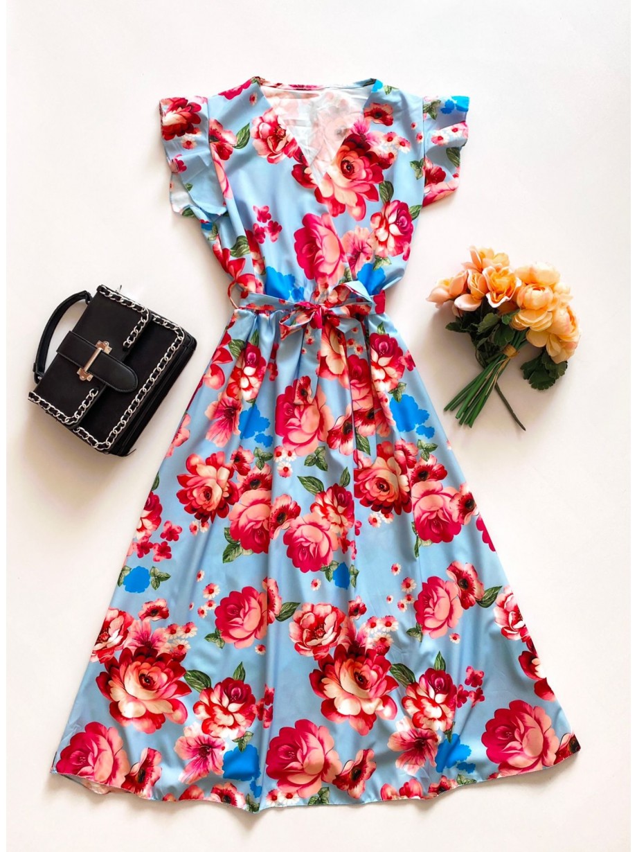 Rochie de zi midi bleo cu flori si volanase la manecute