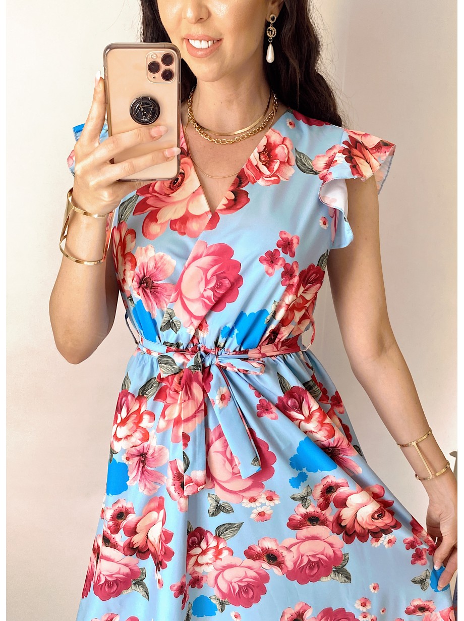 Rochie de zi midi bleo cu flori si volanase la manecute