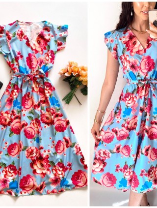 Rochie de zi midi bleo cu flori si volanase la manecute