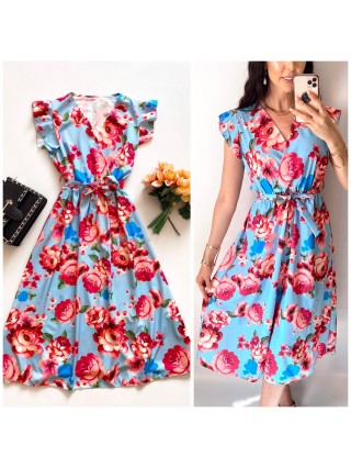 Rochie de zi midi bleo cu flori si volanase la manecute