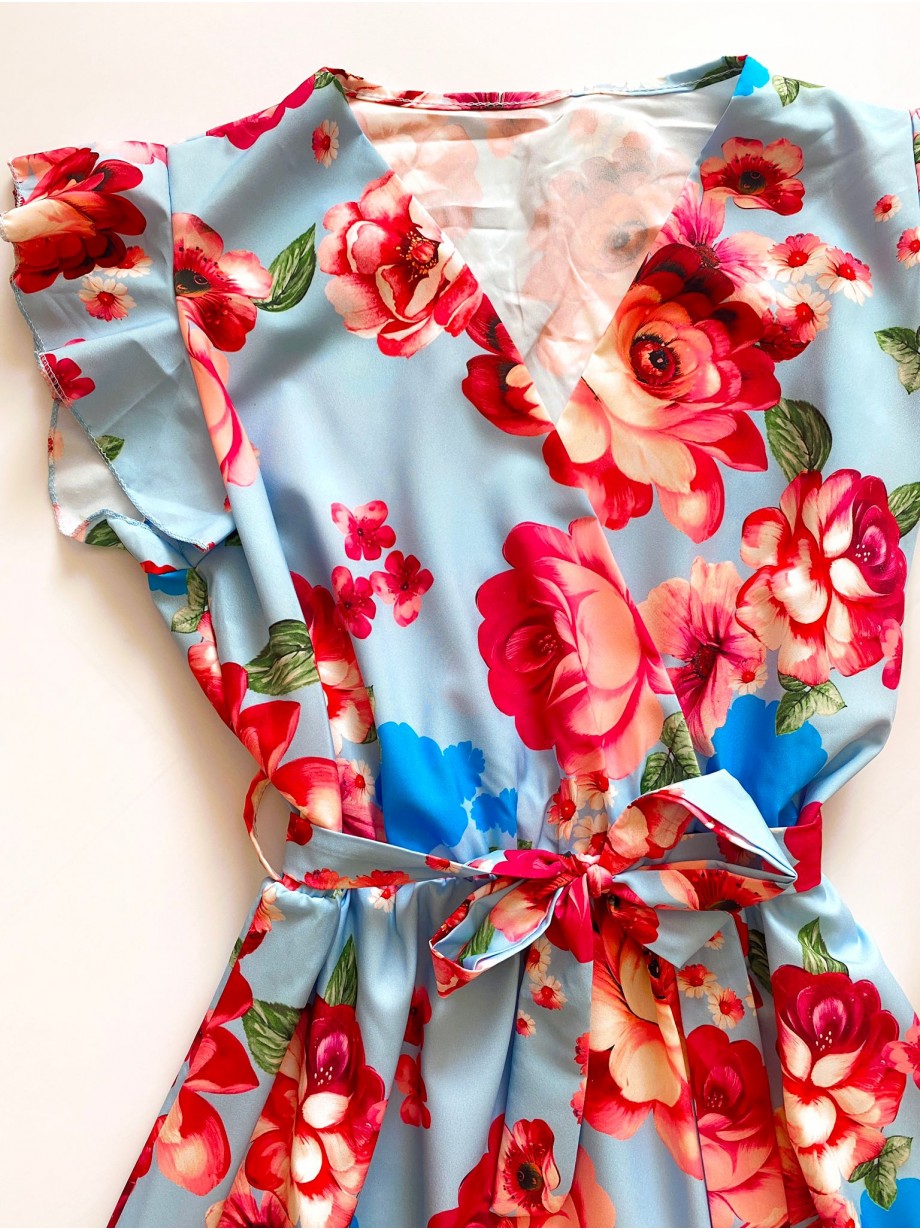 Rochie de zi midi bleo cu flori si volanase la manecute