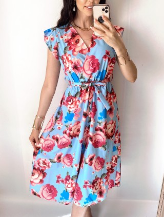 Rochie de zi midi bleo cu flori si volanase la manecute