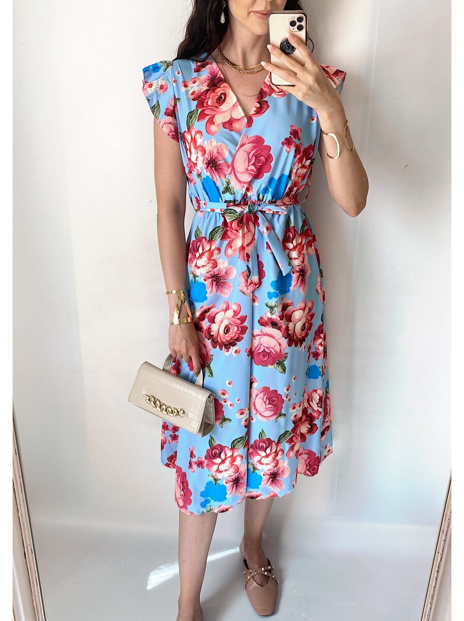 Rochie de zi midi bleo cu flori si volanase la manecute
