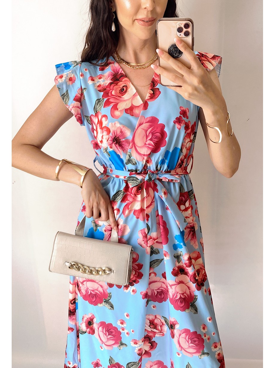 Rochie de zi midi bleo cu flori si volanase la manecute