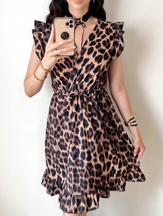 Rochie de zi scurta maro cu imprimeu animal print si volanase la manecute