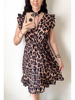 Rochie de zi scurta maro cu imprimeu animal print si volanase la manecute